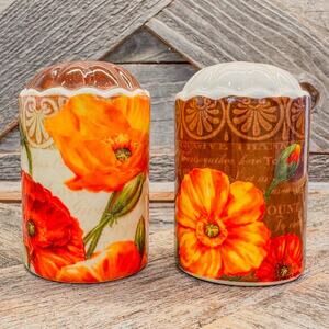 Retro Poppy Themed Ceramic Salt and Pepper Shaker Set, 3”H x 2”W